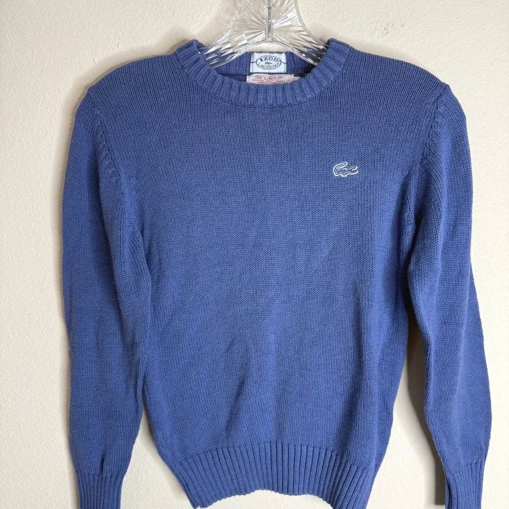 Izod Lacoste Sweater Kids 10 Blue Crewneck Cotton Knit Logo Vintage 70s 80s